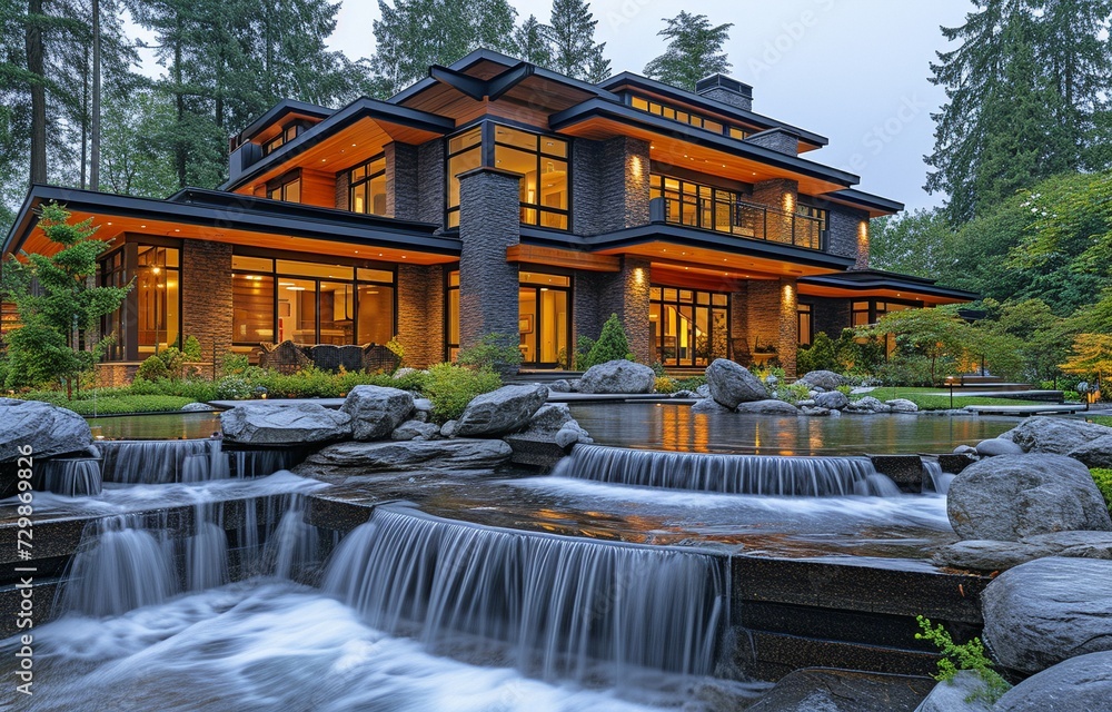 picture of a big, contemporary house with a water feature at night