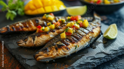 A smoky and flavorful grilled mackerel, with a side of spicy mango salsa, on a slate serving board