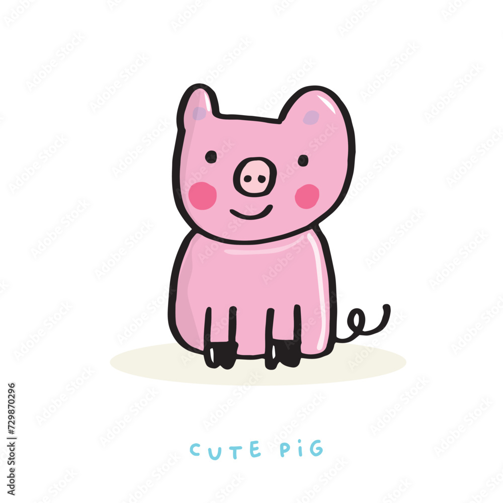 Cute doodle cartoon hand drawn pig illustration,Cute doodle pig, cute animal