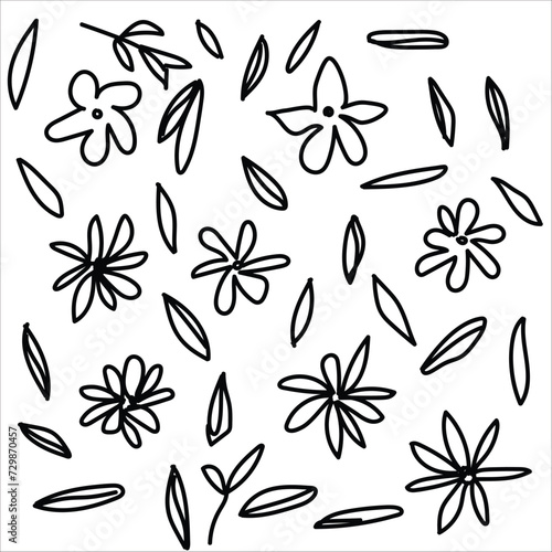  Abstract Vector hand-drawn flowers and leaves pattern. ink brush texture.illustration design.