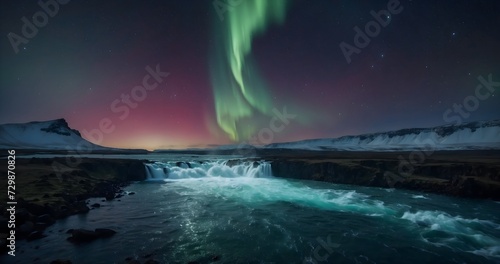 waterfall at night with starry sky and aurora borealis © Amir Bajric