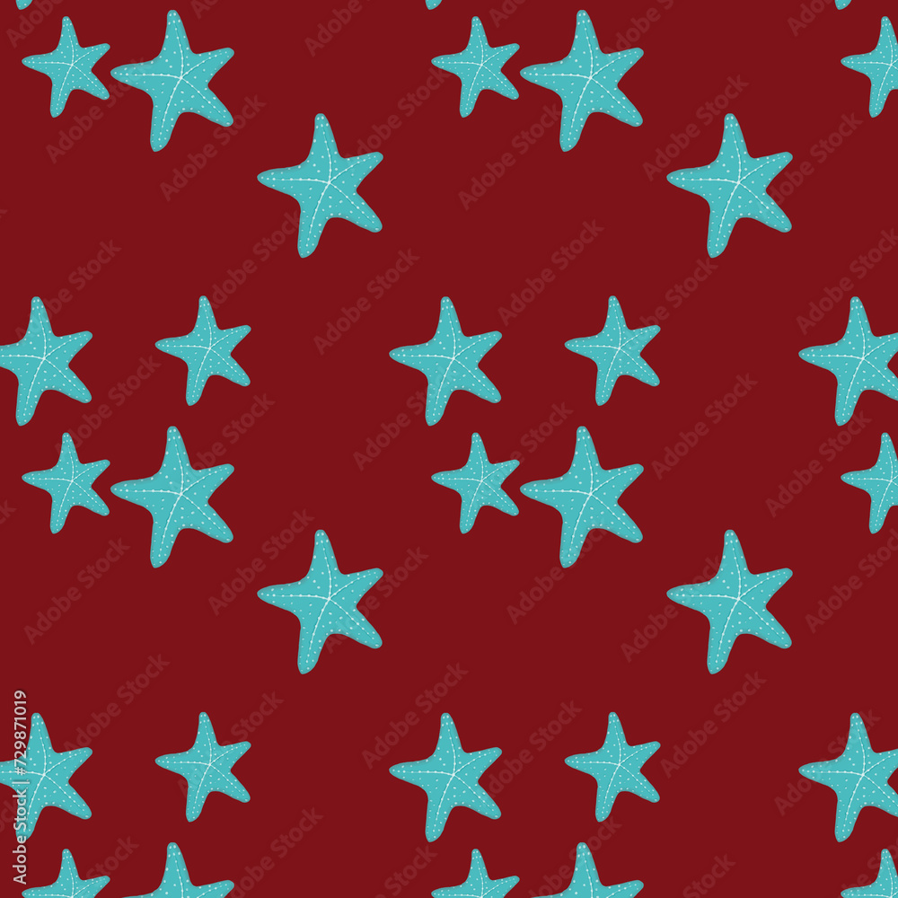 seamless pattern watercolor with blue starsfish hand-drawn 