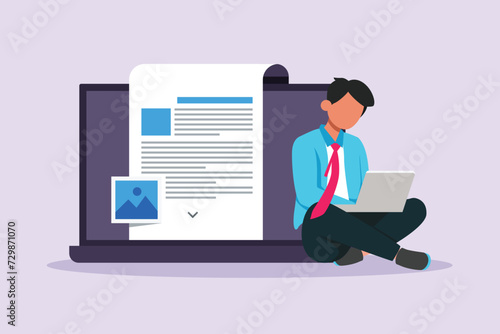 Concept of computer work, text typing, posting. Colored flat vector illustration isolated.