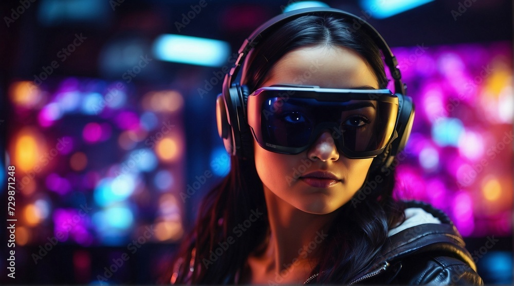 Virtual World. A woman explores a fantastical virtual world with AR vision pro glasses and a VR headset in a glowing gaming studio. Virtual World. A woman explores a fantastical virtual world with AR vision pro glasses and a VR headset in a glowing gaming studio.
