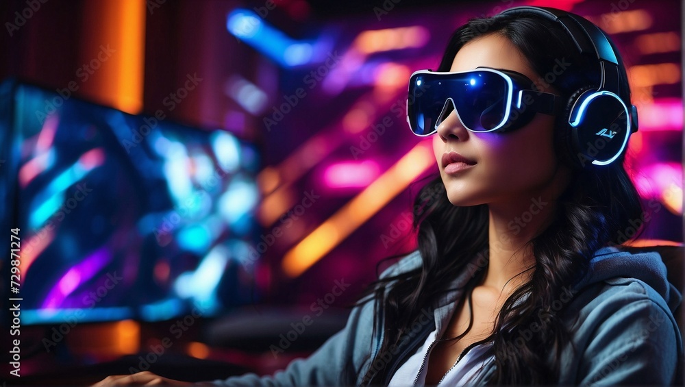 Augmented Reality. An immersive experience with AR vision pro glasses and a VR headset in a mesmerizing neon gaming studio. Augmented Reality. An immersive experience with AR vision pro glasses and a VR headset in a mesmerizing neon gaming studio.
