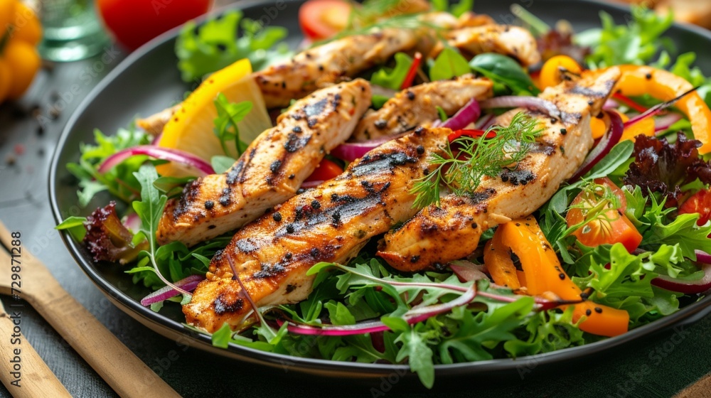 A vibrant salad with grilled chicken strips, served next to a BBQ