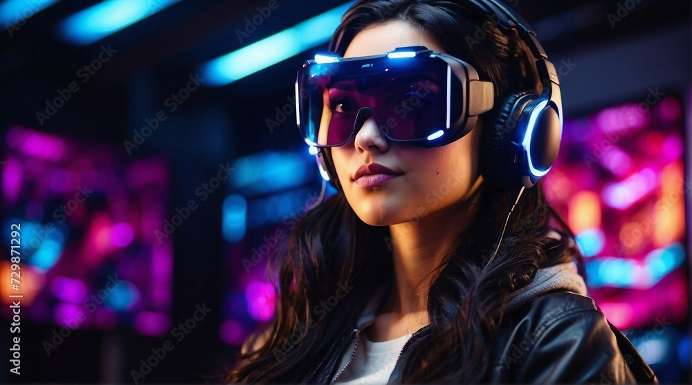 Augmented Reality. An immersive experience with AR vision pro glasses and a VR headset in a mesmerizing neon gaming studio. Augmented Reality. An immersive experience with AR vision pro glasses and a VR headset in a mesmerizing neon gaming studio.
