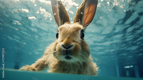 A rabbit swimming in a pool