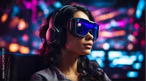 Virtual World. A woman explores a fantastical virtual world with AR vision pro glasses and a VR headset in a glowing gaming studio.