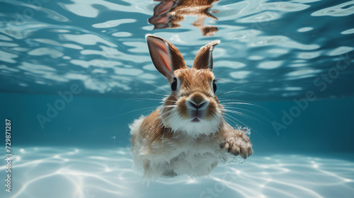 A rabbit swimming in a pool