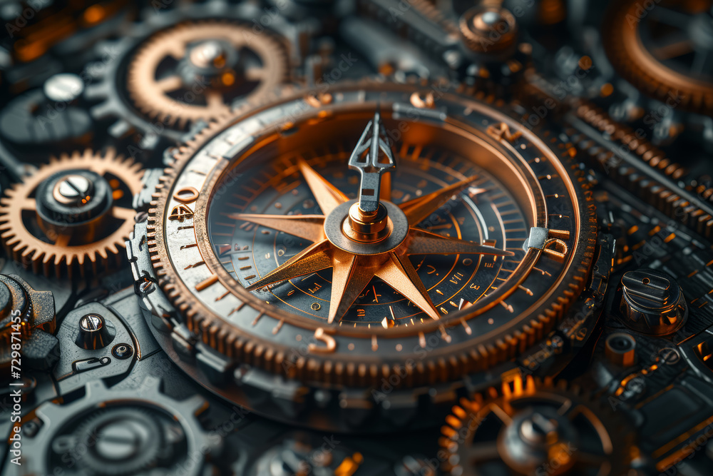 A compass rose surrounded by gears, highlighting the navigational precision and mechanical intricacy involved in steering creative ideas. Concept of precision ideation. Generative Ai.