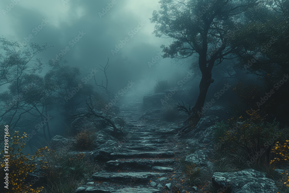 A hauntingly beautiful scene featuring misty woods and eerie objects, creating a mysterious backdrop with text space. Concept of enchanted gloom. Generative Ai. A hauntingly beautiful scene featuring misty woods and eerie objects, creating a mysterious backdrop with text space. Concept of enchanted gloom. Generative Ai.