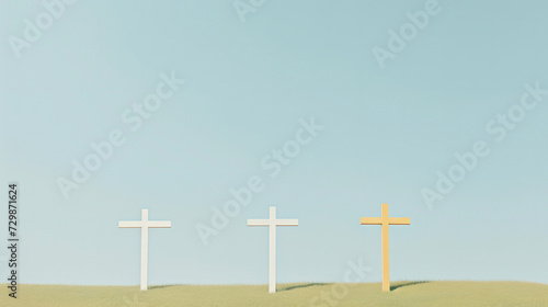 Three white and brown crosses on a hill against a blue sky background
