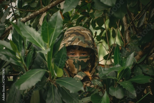 kid dressed in camouflage gear hiding among the tree leaves