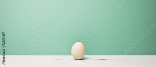 Single white egg on pastel green background. Minimalist still life photography