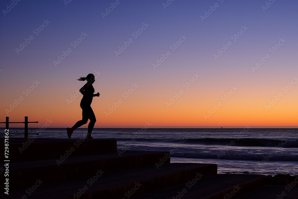 silhouette of person jogging on beach steps at dawn
