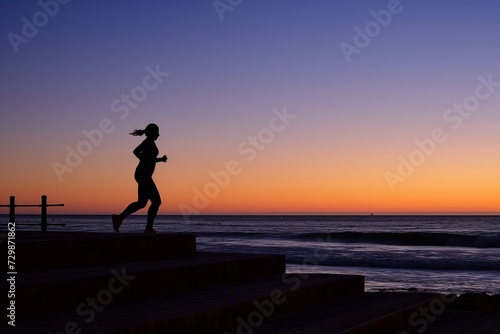 silhouette of person jogging on beach steps at dawn © altitudevisual