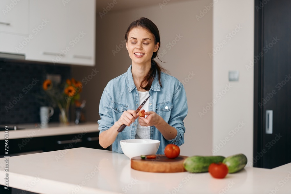 Healthy Lifestyle: Young Female Chef Embracing Home-Cooked Organic Vegetarian Breakfast Healthy Lifestyle: Young Female Chef Embracing Home-Cooked Organic Vegetarian Breakfast
