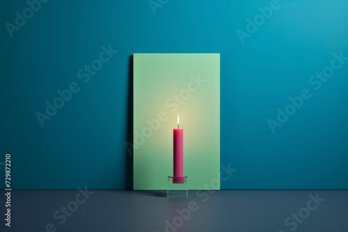 Wallpaper Mural Single lit pink candle on a glass holder against a blue background with a green panel. Torontodigital.ca