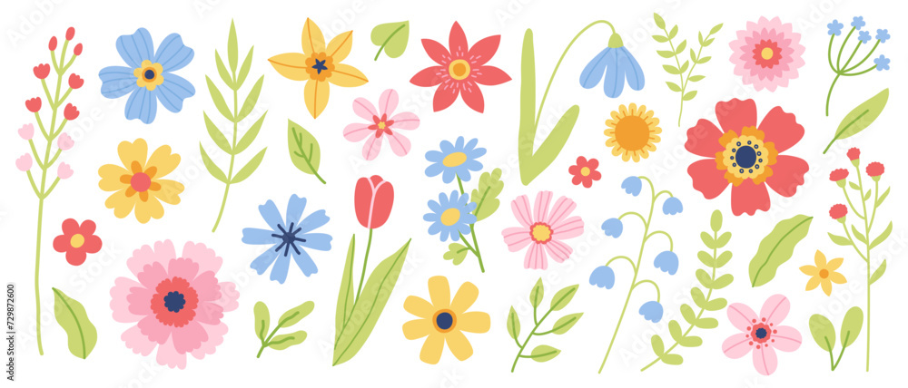 Set of flowers and floral elements. Vector flat illustration for greeting card or invitation design. Set of flowers and floral elements. Vector flat illustration for greeting card or invitation design.
