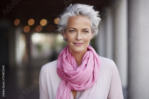 Portrait of a beautiful senior woman with a pink scarf on her neck