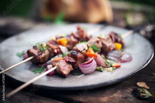 mutton kebabs on skewers with onions