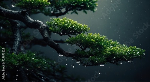 beautiful Japanese bonsai tree in the rain.
