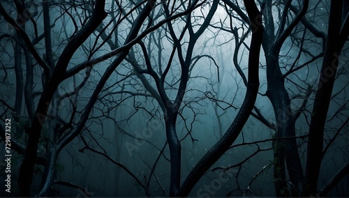 dead and dry trees after rain in the middle of the dark forest.