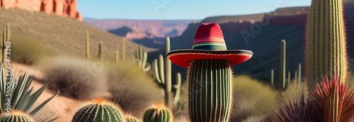 A cactus in a Mexican sombrero hat stands on the prairie at sunset. Postcard for the Cinco de Mayo holiday