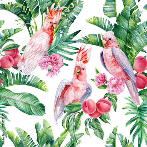 Pink cockatoo bird Seamless pattern Palm leaves, watercolor botanical painting Jungle leaf, fruit peach. Tropic wildlife photo