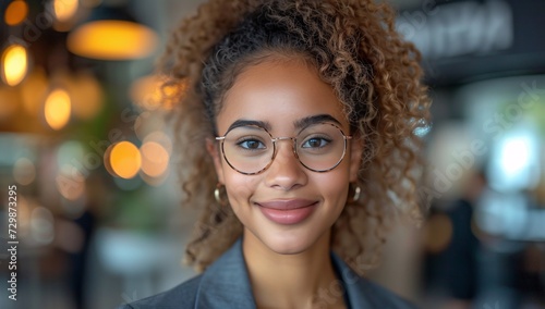 Glasses-Wearing Woman in a Suit Embraces the Glasses Trend Generative AI © riya