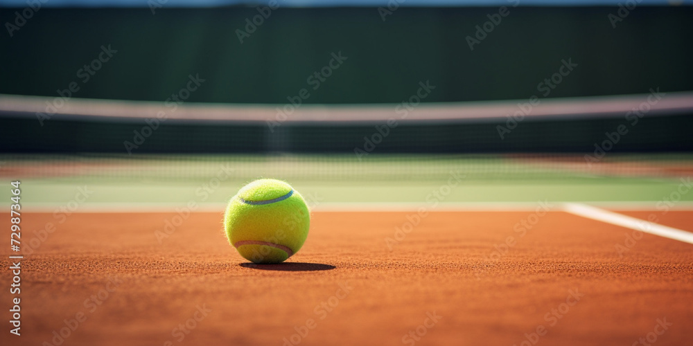 Yellow tennis ball, The game is on as the tennis ball bounces on green,  A tennis ball is on the ground with a net in the background. 