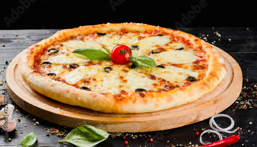 ound pizza on a wooden tray, black background  photo