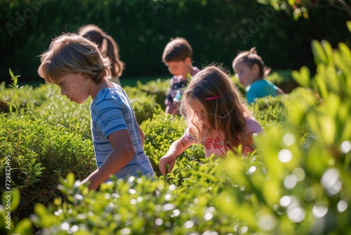 children on a scavenger hunt in a shrub maze