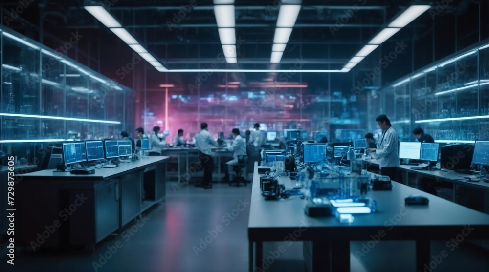 scientists are working together to develop artificial intelligence technology in a dimly lit laboratory filled with sophisticated hologram displays. scientists are working together to develop artificial intelligence technology in a dimly lit laboratory filled with sophisticated hologram displays.