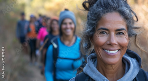 A Group Of Women Are Hiking Down A Trail And Smiling For The Camera