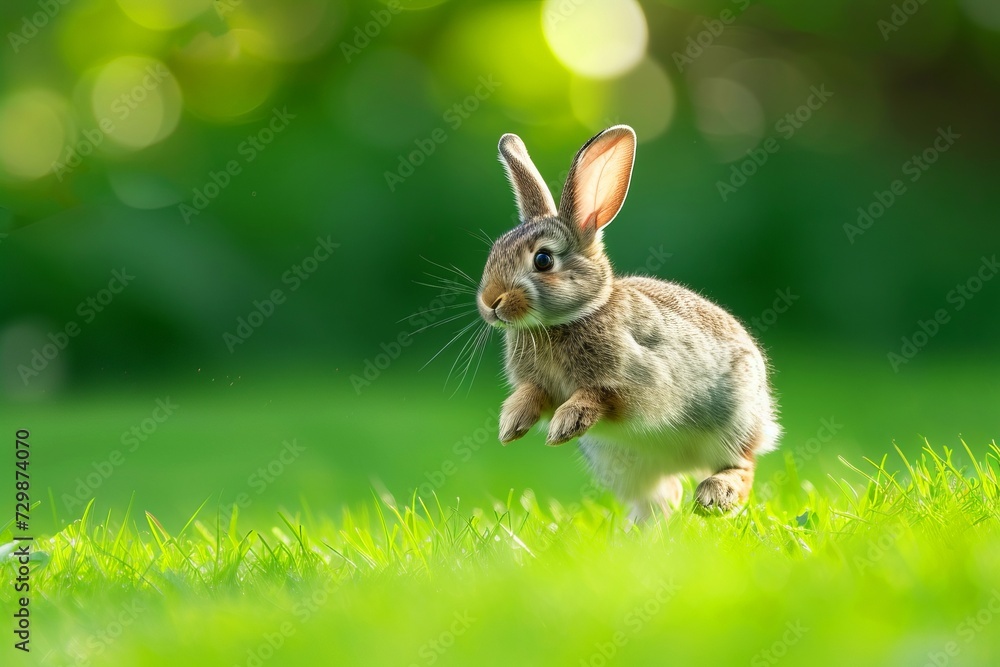 Fototapeta premium Playful Bunny Hopping in Sunlit Grass, An energetic bunny captured mid-hop, its fur illuminated by the bright, dappled sunlight filtering through the greenery.