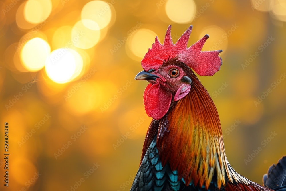 Vibrant Rooster Portrait with Golden Bokeh, Portrait of a colorful rooster with a striking red comb, set against a backdrop of golden bokeh light. Vibrant Rooster Portrait with Golden Bokeh, Portrait of a colorful rooster with a striking red comb, set against a backdrop of golden bokeh light.