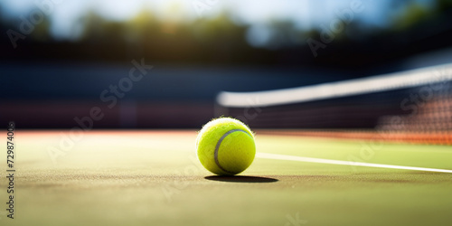 Close Up Of Tennis Ball Lying On Tennis Court On Sunny Day, Tennis ball on court and place for text Sport and healthy lifestyle concept Playing tennis.  © Fatima