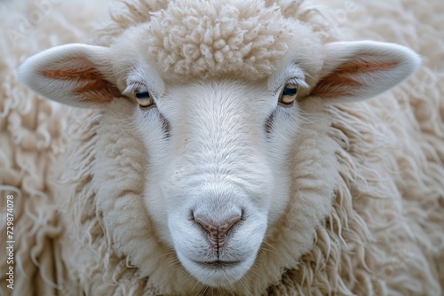 Close-Up Portrait of a Woolly Sheep, A close-up shot capturing the gentle gaze of a sheep, its face framed by soft, curly wool. © thanakrit