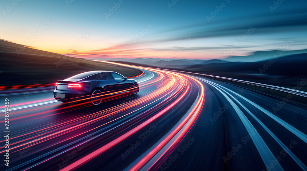 a modern electric car speeding along a highway at dusk, captured with motion blur to convey a sense of swift, silent power inherent to electric vehicles
