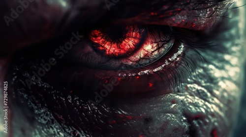 Close-up of a bloody female eye, horror theme.