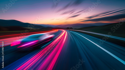 a modern electric car speeding along a highway at dusk, captured with motion blur to convey a sense of swift, silent power inherent to electric vehicles