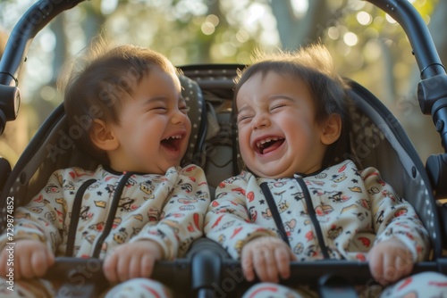 twins in matching onesies laughing together in a double stroller