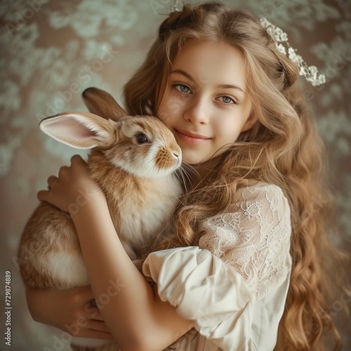 the girl with the rabbit holding cute flu