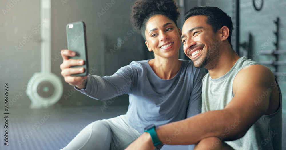 Fototapeta premium Asian man, woman or phone selfie in gym workout, training or exercise for social media, health app or fitness vlog. Smile, happy or bonding exercise friends or people on mobile photography technology