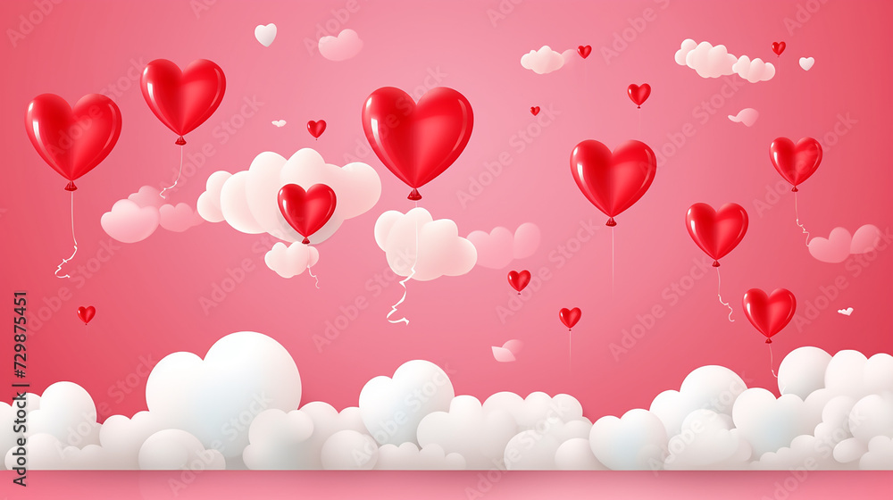 valentines day sale background with heart balloons on pink background with clouds