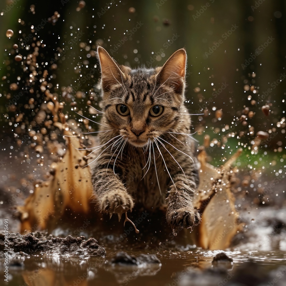 Domestic cat activity in the mud jumping and acting funny making its body dirty, great for web pet shop, advertising, business etc. Generative Ai Domestic cat activity in the mud jumping and acting funny making its body dirty, great for web pet shop, advertising, business etc. Generative Ai
