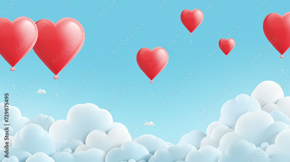 valentines day sale background with heart balloons on blue sky background with clouds