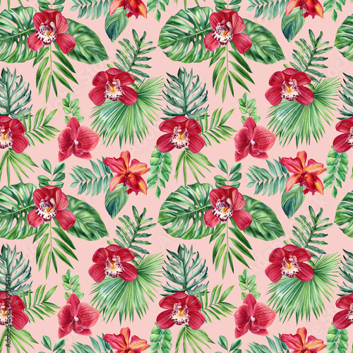 Seamless watercolor floral pattern tropical background palm leaf monstera. Wallpaper Hawaiian style. Red Orchid flower 